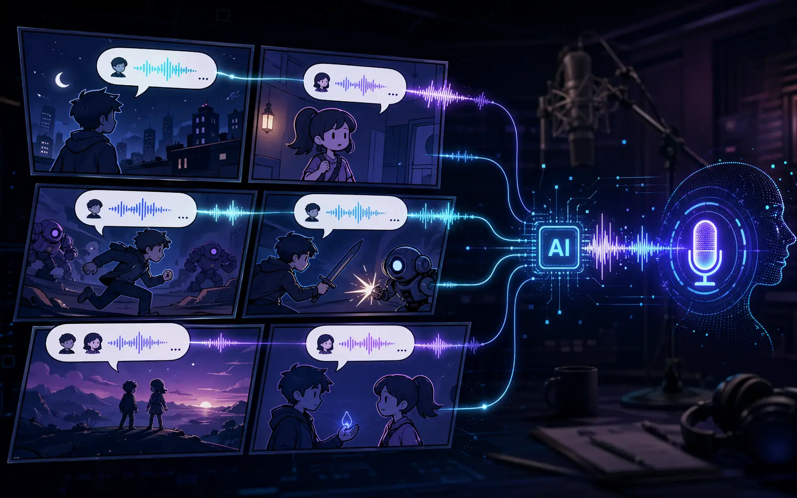 AI配音漫剧制作场景，漫画分镜配合ElevenLabs AI旁白与角色台词声音克隆生成