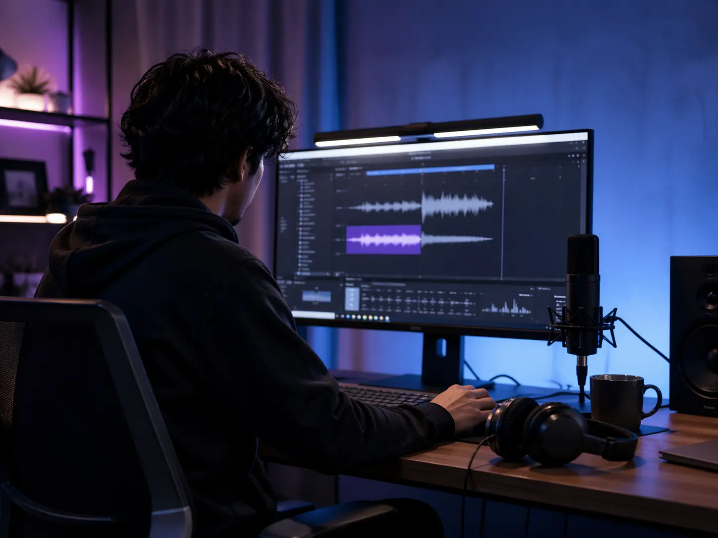 ElevenLabs中文网用户使用场景，创作者在工作台前通过AI配音平台进行声音克隆与语音创作