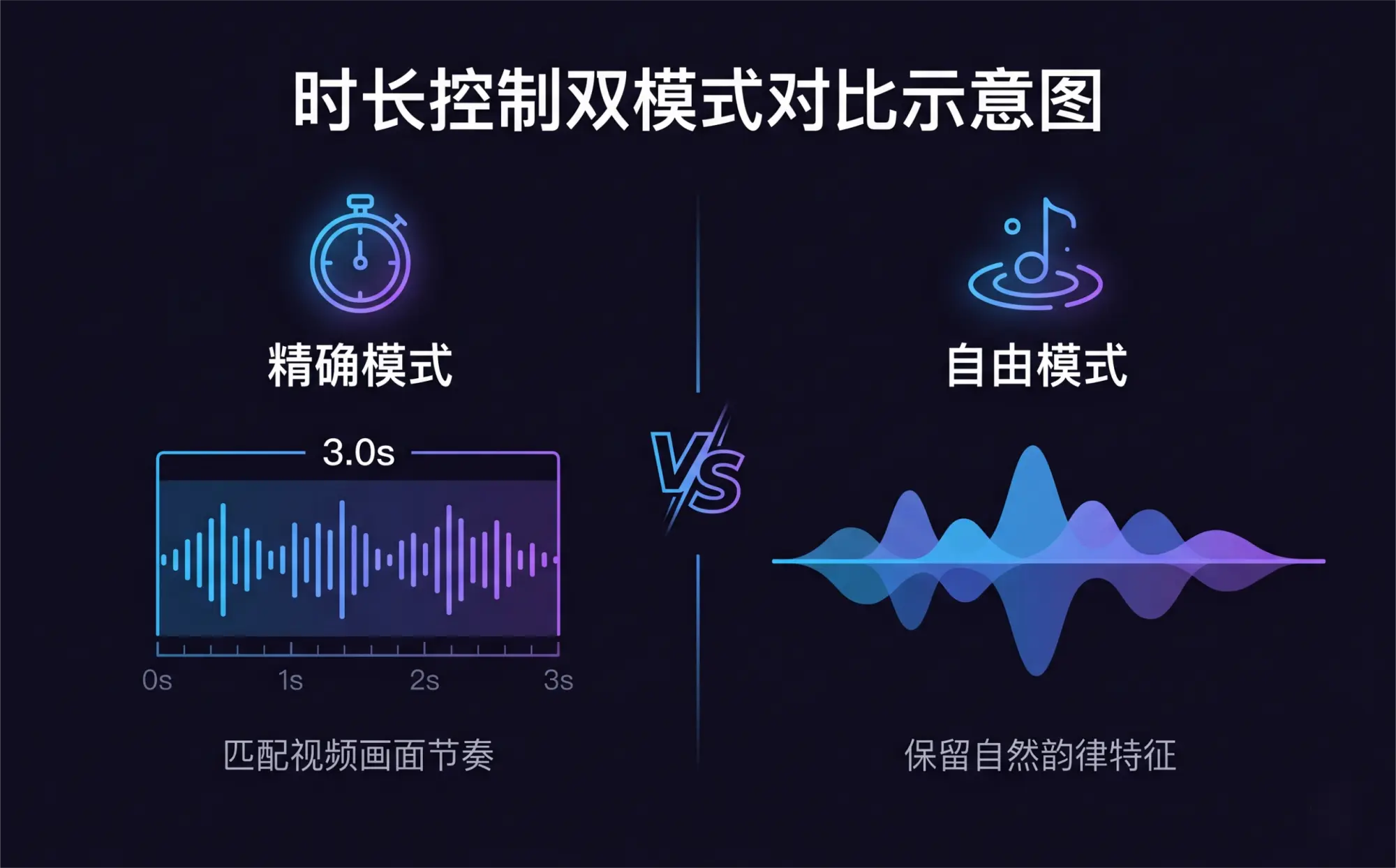 ElevenLabs在线AI配音时长控制双模式示意图，精确模式匹配视频节奏，自由模式保留自然韵律