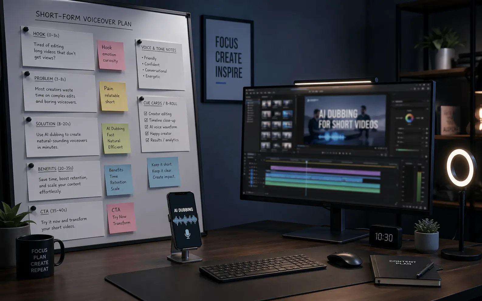 声音克隆短视频配音场景，创作者通过ElevenLabs在线平台克隆音色为口播视频生成AI配音